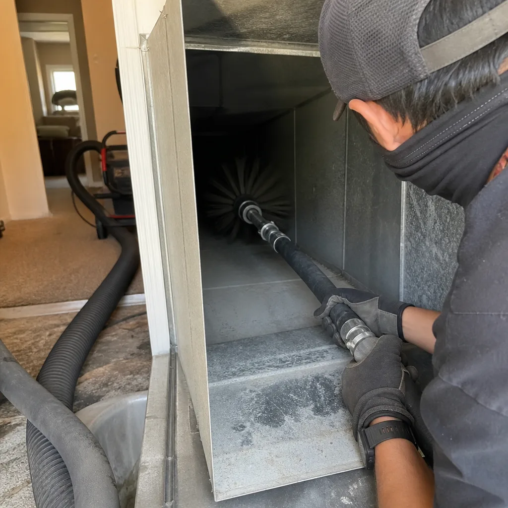Technician using rotary brush tool for professional air duct cleaning service