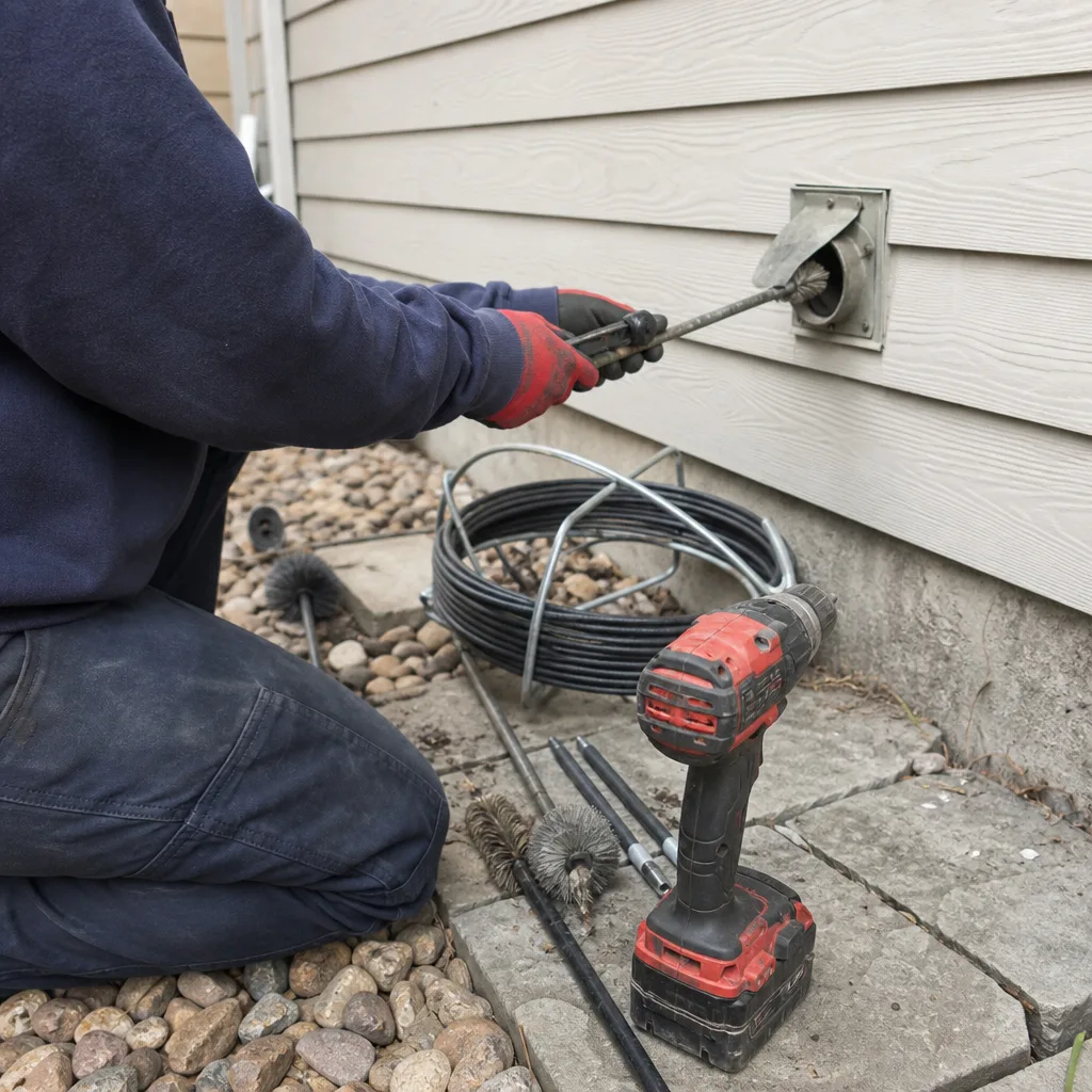 Technician using professional tools to perform dryer vent cleaning service