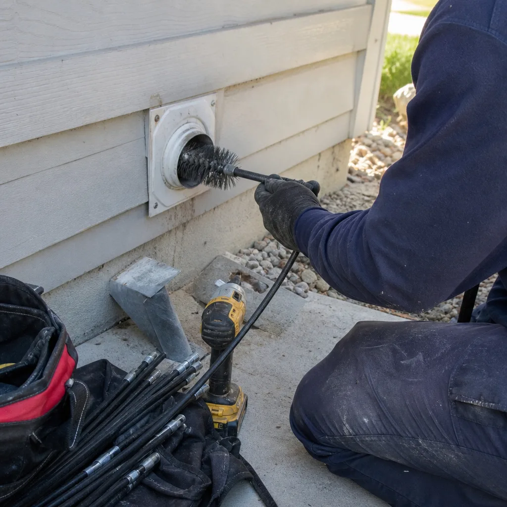 Professional dryer vent cleaning service using a specialized brush and drill.