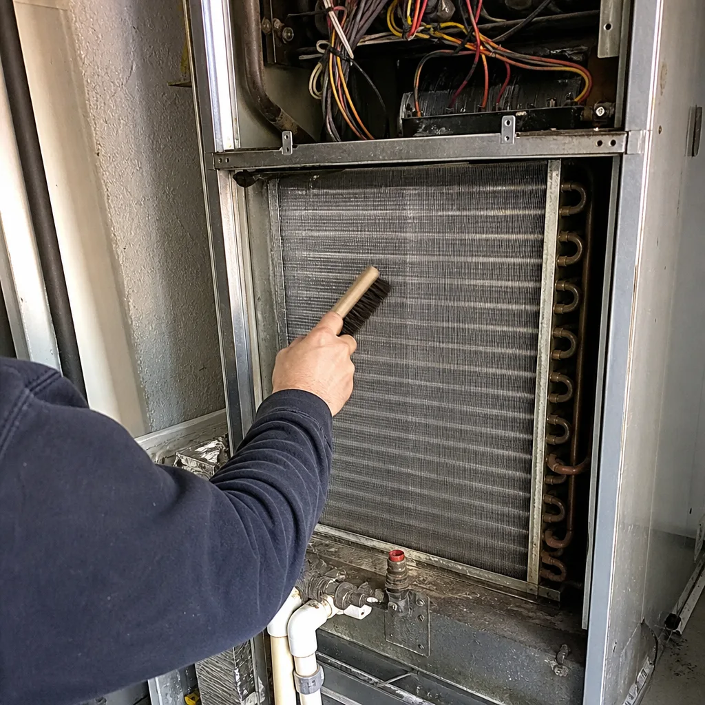 Technician using a brush to clean residential HVAC evaporator coils