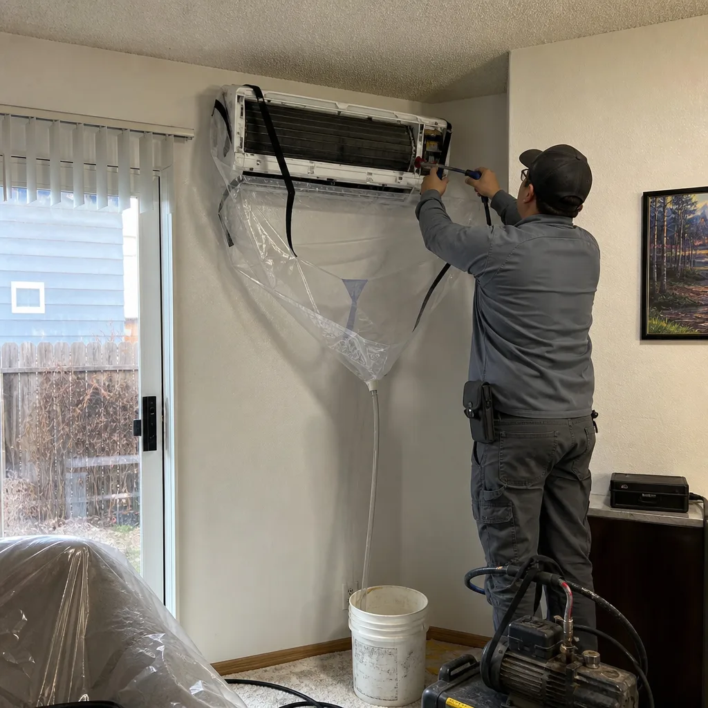 Technician performing professional mini-split HVAC system cleaning and maintenance
