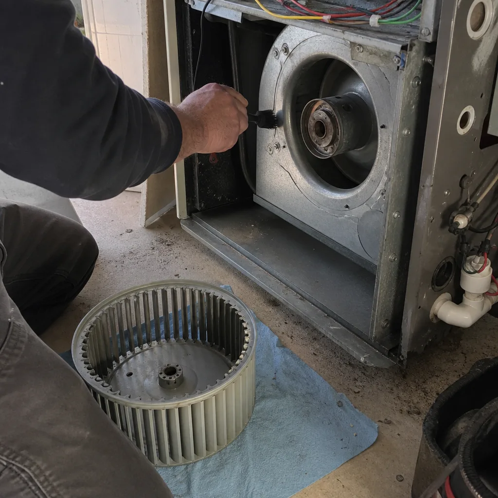 HVAC technician cleaning furnace blower fan assembly during maintenance
